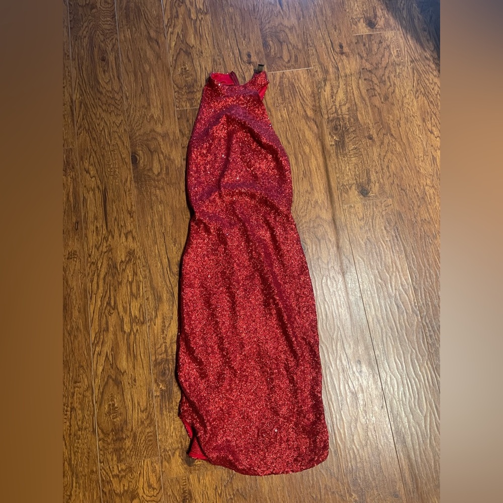 Red sequin high-neck mini dress